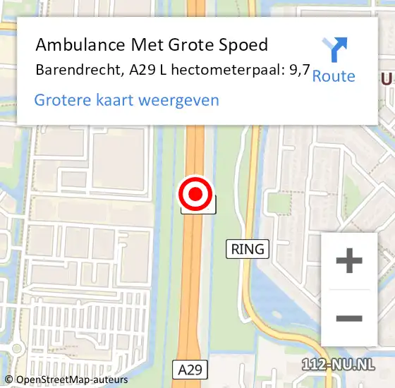 Locatie op kaart van de 112 melding: Ambulance Met Grote Spoed Naar Barendrecht, A29 L hectometerpaal: 11,4 op 5 augustus 2017 13:57