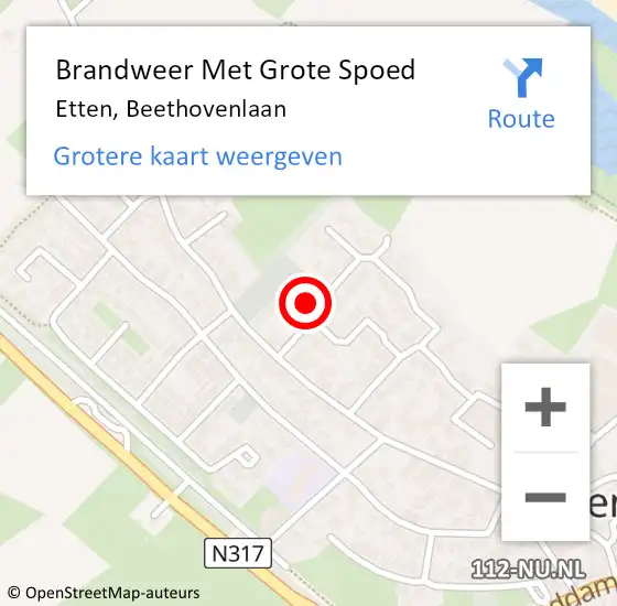 Locatie op kaart van de 112 melding: Brandweer Met Grote Spoed Naar Etten, Beethovenlaan op 5 augustus 2017 22:47