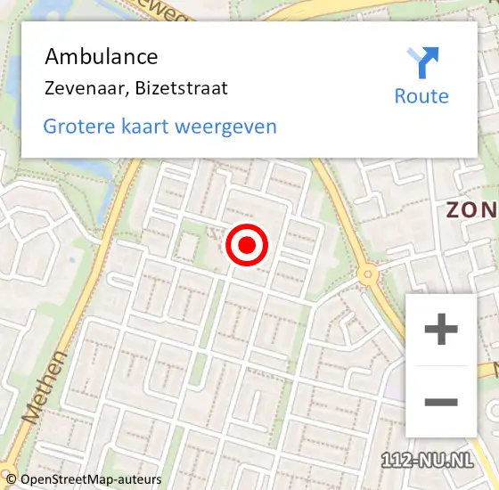 Locatie op kaart van de 112 melding: Ambulance Zevenaar, Bizetstraat op 5 augustus 2017 23:46