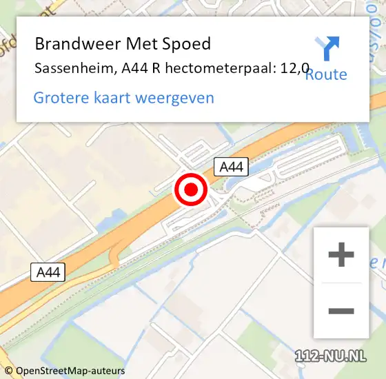 Locatie op kaart van de 112 melding: Brandweer Met Spoed Naar Sassenheim, A44 R hectometerpaal: 12,0 op 7 augustus 2017 15:42