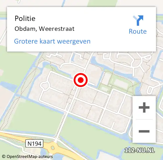 Locatie op kaart van de 112 melding: Politie Obdam, Weerestraat op 7 augustus 2017 21:53