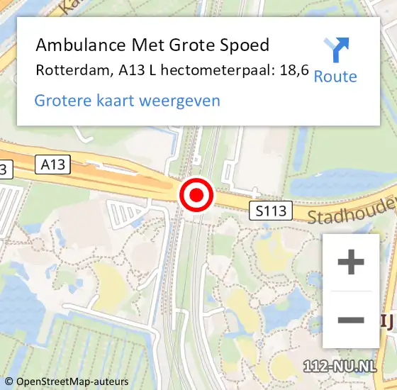 Locatie op kaart van de 112 melding: Ambulance Met Grote Spoed Naar Rotterdam, A13 R hectometerpaal: 18,6 op 8 augustus 2017 15:04