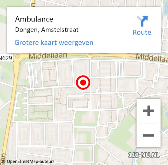 Locatie op kaart van de 112 melding: Ambulance Dongen, Amstelstraat op 9 augustus 2017 09:06