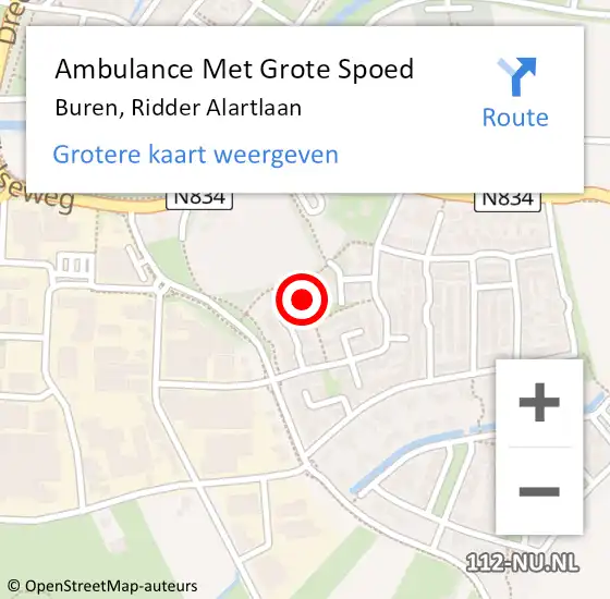 Locatie op kaart van de 112 melding: Ambulance Met Grote Spoed Naar Buren, Ridder Alartlaan op 9 augustus 2017 12:53