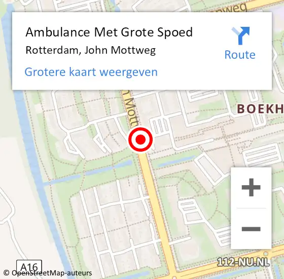 Locatie op kaart van de 112 melding: Ambulance Met Grote Spoed Naar Rotterdam, John Mottweg op 9 augustus 2017 15:03