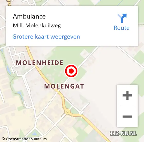 Locatie op kaart van de 112 melding: Ambulance Mill, Molenkuilweg op 10 augustus 2017 10:01