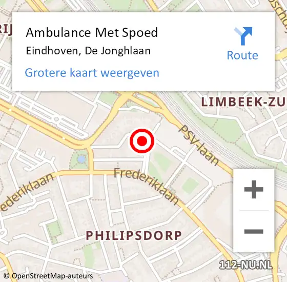 Locatie op kaart van de 112 melding: Ambulance Met Spoed Naar Eindhoven, De Jonghlaan op 10 augustus 2017 10:59