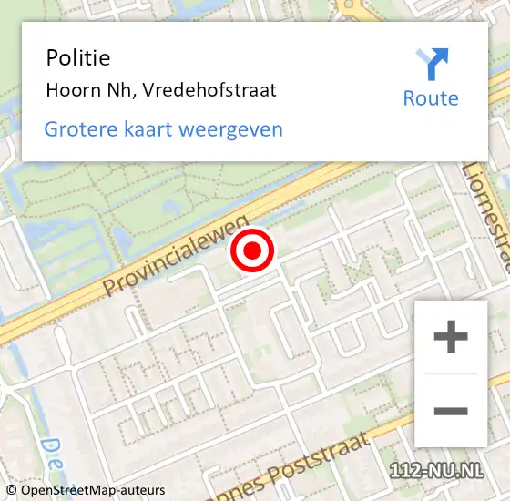 Locatie op kaart van de 112 melding: Politie Hoorn Nh, Vredehofstraat op 10 augustus 2017 11:30