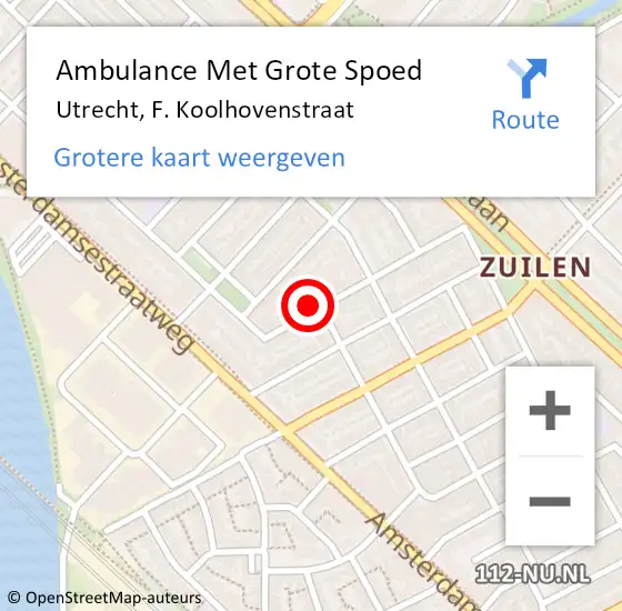 Locatie op kaart van de 112 melding: Ambulance Met Grote Spoed Naar Utrecht, F. Koolhovenstraat op 10 augustus 2017 19:00