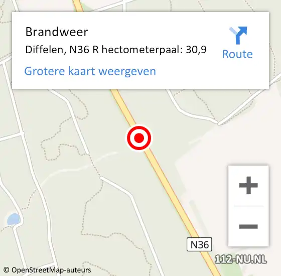 Locatie op kaart van de 112 melding: Brandweer Diffelen, N36 R hectometerpaal: 30,9 op 10 augustus 2017 19:31