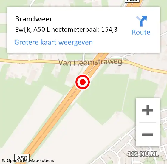 Locatie op kaart van de 112 melding: Brandweer Ewijk, A50 L hectometerpaal: 154,3 op 10 augustus 2017 23:51