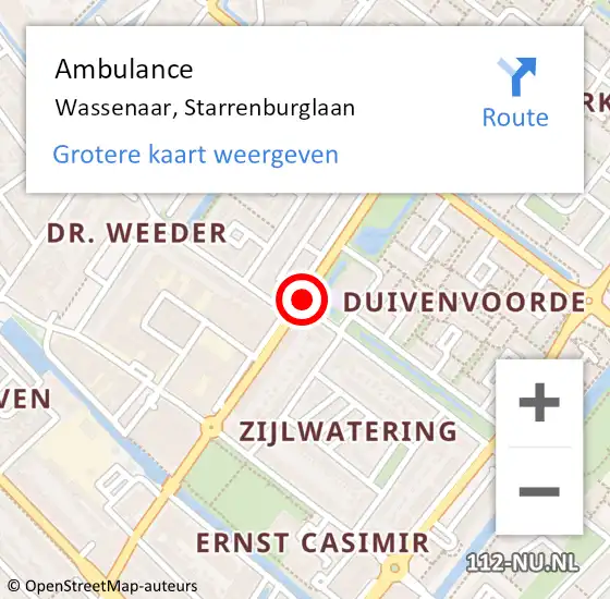 Locatie op kaart van de 112 melding: Ambulance Wassenaar, Starrenburglaan op 11 augustus 2017 09:29