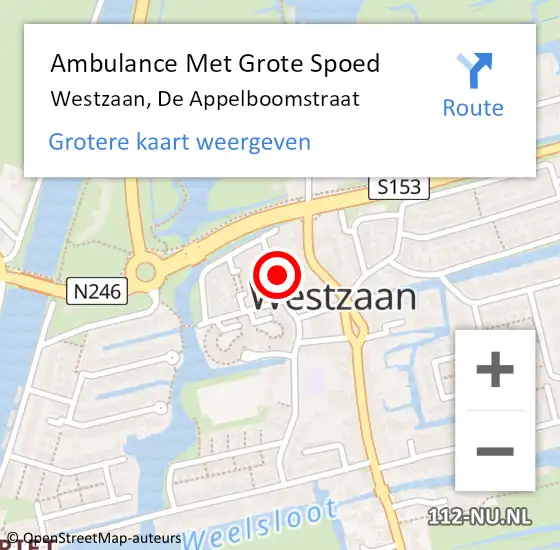 Locatie op kaart van de 112 melding: Ambulance Met Grote Spoed Naar Westzaan, De Appelboomstraat op 11 augustus 2017 21:55