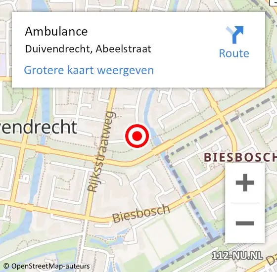 Locatie op kaart van de 112 melding: Ambulance Duivendrecht, Abeelstraat op 12 augustus 2017 09:04