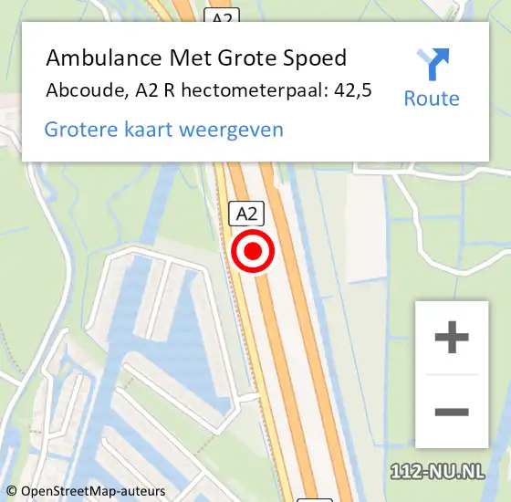 Locatie op kaart van de 112 melding: Ambulance Met Grote Spoed Naar Abcoude, A2 R hectometerpaal: 42,5 op 12 augustus 2017 11:00