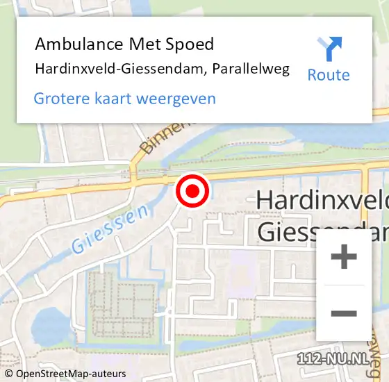 Locatie op kaart van de 112 melding: Ambulance Met Spoed Naar Hardinxveld-Giessendam, Parallelweg op 13 augustus 2017 15:33