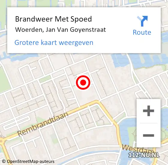 Locatie op kaart van de 112 melding: Brandweer Met Spoed Naar Woerden, Jan Van Goyenstraat op 17 augustus 2017 18:44