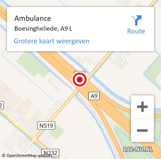 Locatie op kaart van de 112 melding: Ambulance Boesingheliede, A9 L op 18 augustus 2017 07:23