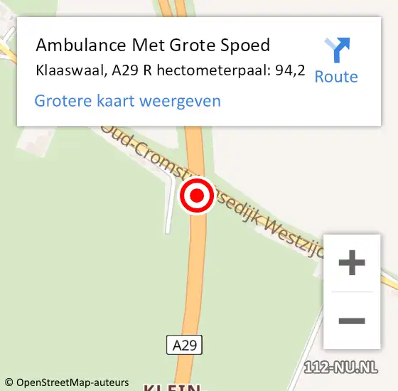 Locatie op kaart van de 112 melding: Ambulance Met Grote Spoed Naar Klaaswaal, A29 L hectometerpaal: 97,0 op 18 augustus 2017 13:52