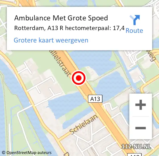 Locatie op kaart van de 112 melding: Ambulance Met Grote Spoed Naar Rotterdam, A13 R hectometerpaal: 17,4 op 18 augustus 2017 18:14