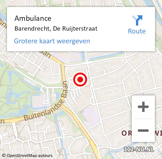 Locatie op kaart van de 112 melding: Ambulance Barendrecht, De Ruijterstraat op 18 augustus 2017 20:56