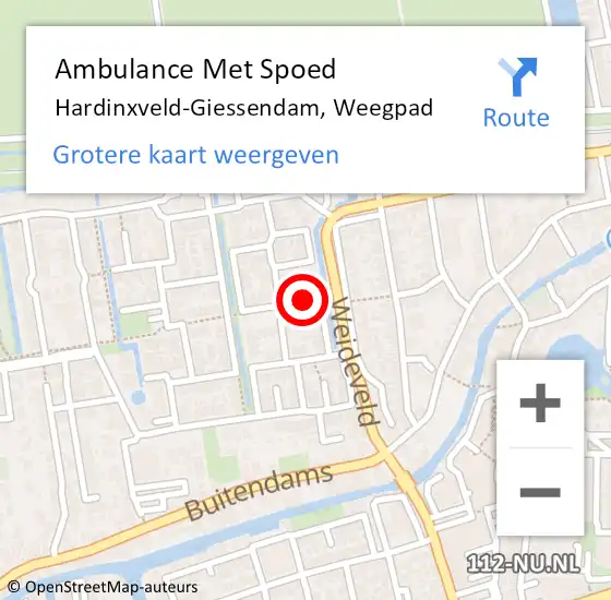 Locatie op kaart van de 112 melding: Ambulance Met Spoed Naar Hardinxveld-Giessendam, Weegpad op 19 augustus 2017 01:32