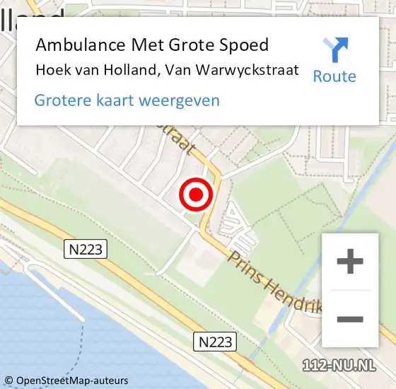 Locatie op kaart van de 112 melding: Ambulance Met Grote Spoed Naar Hoek van Holland, Van Warwyckstraat op 19 augustus 2017 15:16