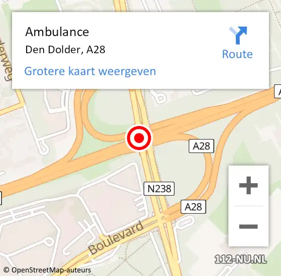 Locatie op kaart van de 112 melding: Ambulance Den Dolder, A28 op 19 augustus 2017 22:47