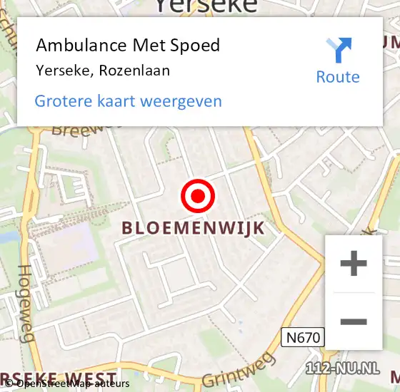 Locatie op kaart van de 112 melding: Ambulance Met Spoed Naar Yerseke, Rozenlaan op 20 augustus 2017 12:33