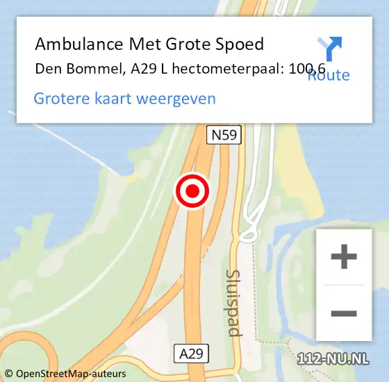 Locatie op kaart van de 112 melding: Ambulance Met Grote Spoed Naar Den Bommel, A29 L hectometerpaal: 100,6 op 21 augustus 2017 09:39