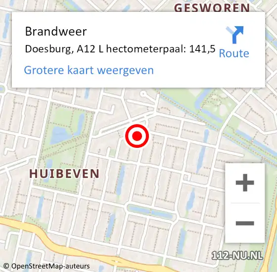 Locatie op kaart van de 112 melding: Brandweer Doesburg, A12 L hectometerpaal: 141,5 op 21 augustus 2017 12:29