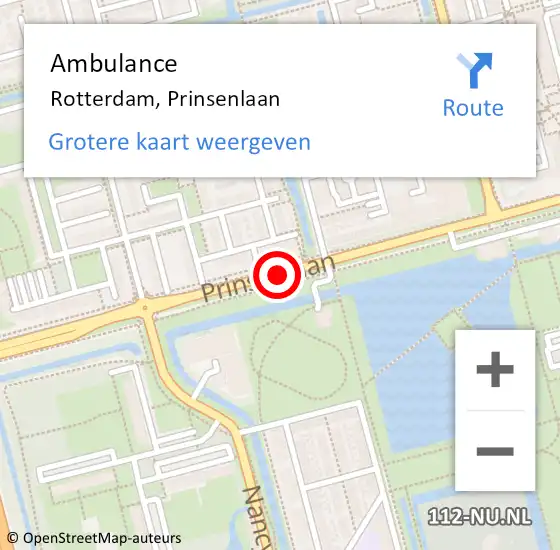 Locatie op kaart van de 112 melding: Ambulance Rotterdam, Prinsenlaan op 21 augustus 2017 13:27