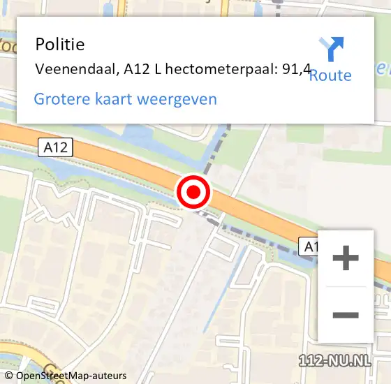 Locatie op kaart van de 112 melding: Politie Veenendaal, A12 L hectometerpaal: 91,4 op 21 augustus 2017 14:02