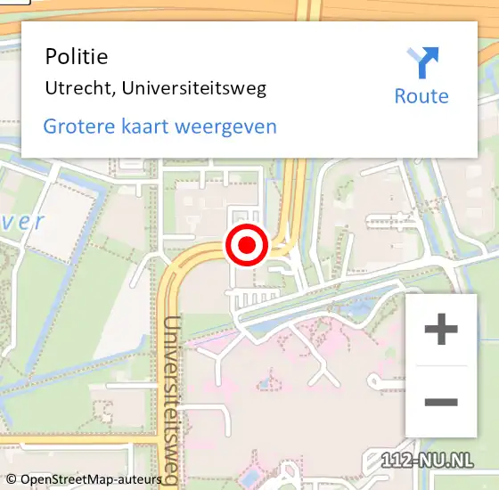 Locatie op kaart van de 112 melding: Politie Utrecht, Universiteitsweg op 21 augustus 2017 14:54