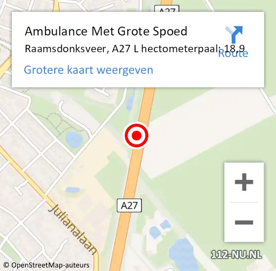 Locatie op kaart van de 112 melding: Ambulance Met Grote Spoed Naar Raamsdonksveer, A27 L hectometerpaal: 18,9 op 21 augustus 2017 15:43