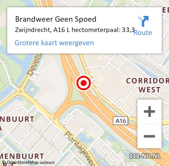Locatie op kaart van de 112 melding: Brandweer Geen Spoed Naar Zwijndrecht, A16 L hectometerpaal: 32,0 op 21 augustus 2017 18:05
