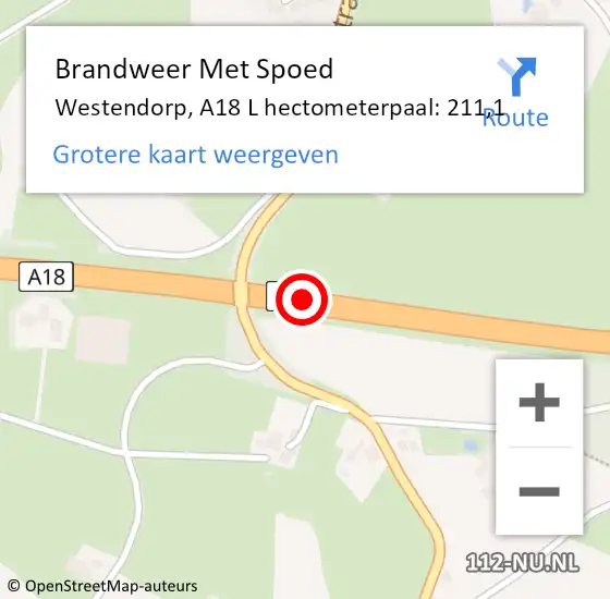 Locatie op kaart van de 112 melding: Brandweer Met Spoed Naar Westendorp, A18 L hectometerpaal: 211,1 op 22 augustus 2017 05:32
