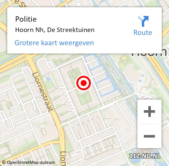 Locatie op kaart van de 112 melding: Politie Hoorn Nh, De Streektuinen op 22 augustus 2017 09:21