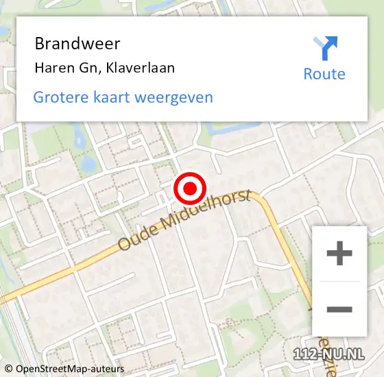 Locatie op kaart van de 112 melding: Brandweer Haren Gn, Klaverlaan op 30 januari 2014 10:41