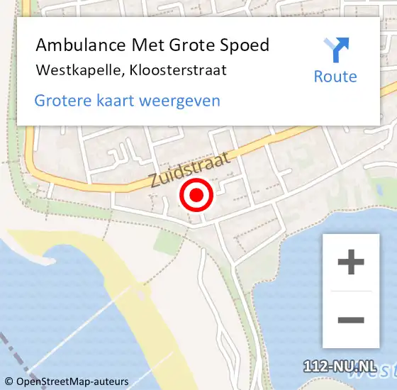 Locatie op kaart van de 112 melding: Ambulance Met Grote Spoed Naar Westkapelle, Kloosterstraat op 20 september 2013 20:19