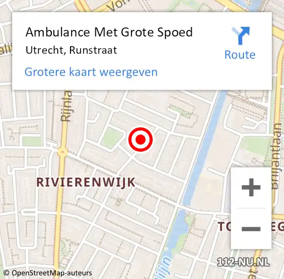 Locatie op kaart van de 112 melding: Ambulance Met Grote Spoed Naar Utrecht, Runstraat op 22 augustus 2017 23:38