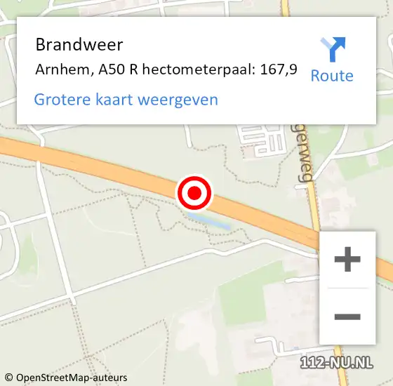 Locatie op kaart van de 112 melding: Brandweer Arnhem, A50 R hectometerpaal: 167,9 op 25 augustus 2017 09:19
