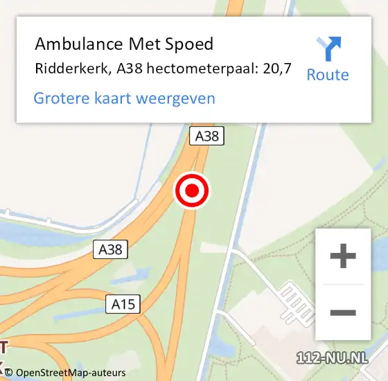 Locatie op kaart van de 112 melding: Ambulance Met Spoed Naar Ridderkerk, A38 hectometerpaal: 20,4 op 25 augustus 2017 16:05