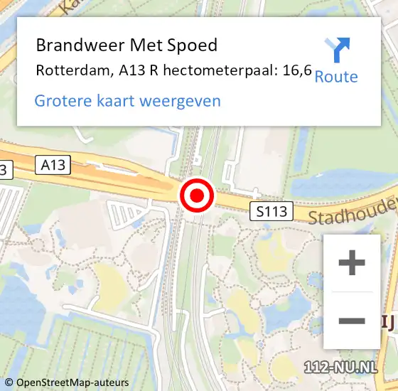 Locatie op kaart van de 112 melding: Brandweer Met Spoed Naar Rotterdam, A13 R hectometerpaal: 16,6 op 25 augustus 2017 17:30