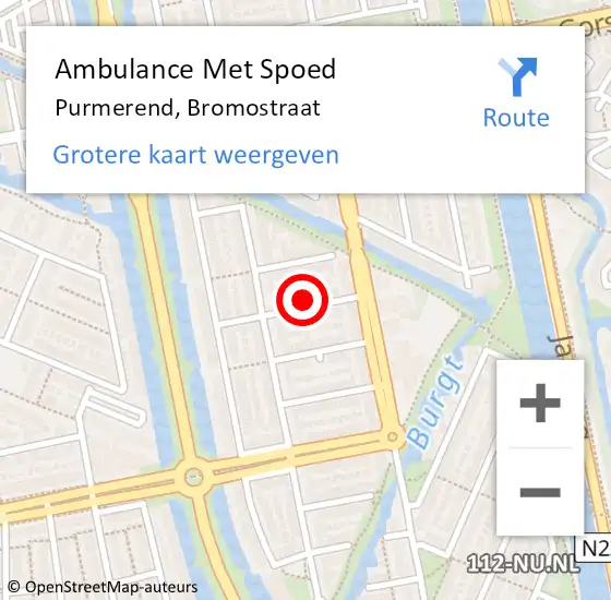 Locatie op kaart van de 112 melding: Ambulance Met Spoed Naar Purmerend, Bromostraat op 25 augustus 2017 22:17