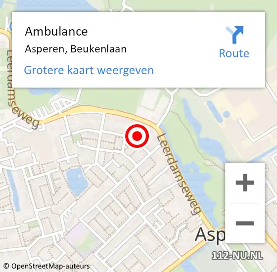 Locatie op kaart van de 112 melding: Ambulance Asperen, Beukenlaan op 26 augustus 2017 12:28