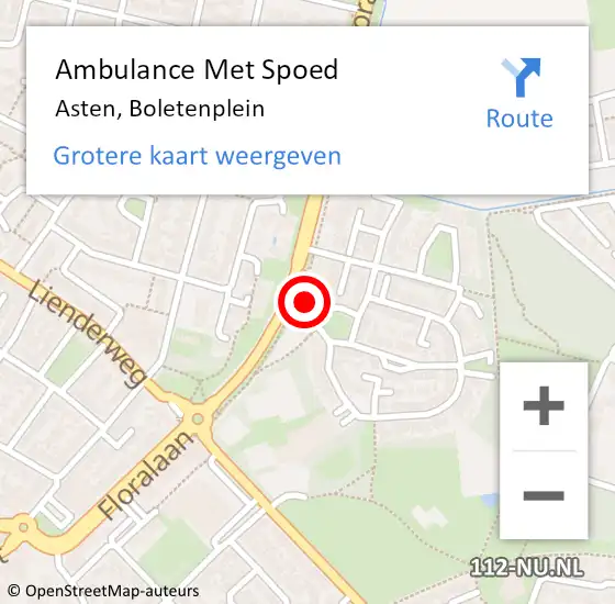 Locatie op kaart van de 112 melding: Ambulance Met Spoed Naar Asten, Boletenplein op 26 augustus 2017 18:06