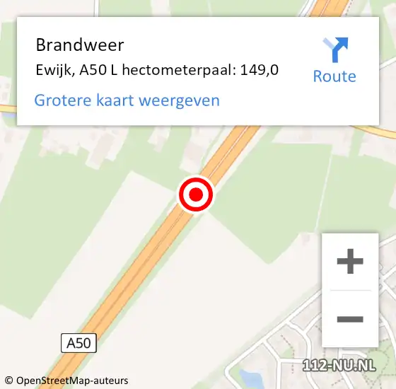 Locatie op kaart van de 112 melding: Brandweer Ewijk, A50 L hectometerpaal: 149,0 op 26 augustus 2017 20:02