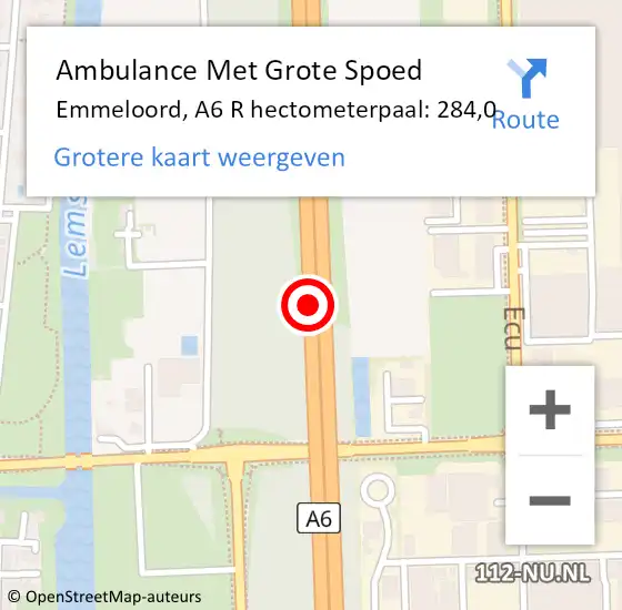 Locatie op kaart van de 112 melding: Ambulance Met Grote Spoed Naar Emmeloord, A6 R hectometerpaal: 284,0 op 27 augustus 2017 20:55