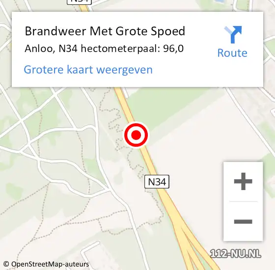 Locatie op kaart van de 112 melding: Brandweer Met Grote Spoed Naar Anloo, N34 hectometerpaal: 96,0 op 30 januari 2014 19:15